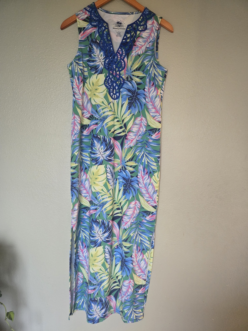 Tropical Print Maxi Dress Crochet V-Neck Detail, Vacation, Beach, Resort, Chic